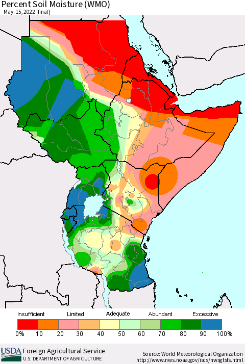Eastern Africa Percent Soil Moisture (WMO) Thematic Map For 5/9/2022 - 5/15/2022