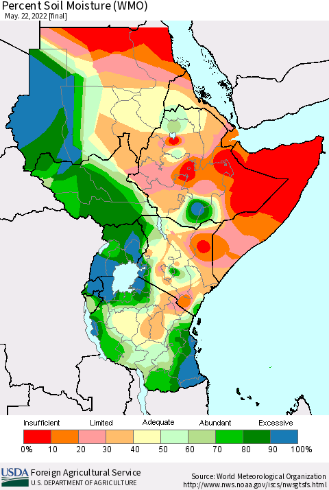 Eastern Africa Percent Soil Moisture (WMO) Thematic Map For 5/16/2022 - 5/22/2022