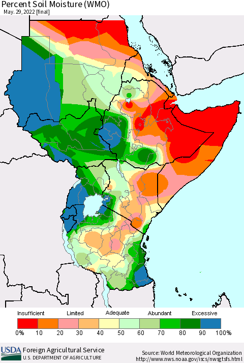 Eastern Africa Percent Soil Moisture (WMO) Thematic Map For 5/23/2022 - 5/29/2022