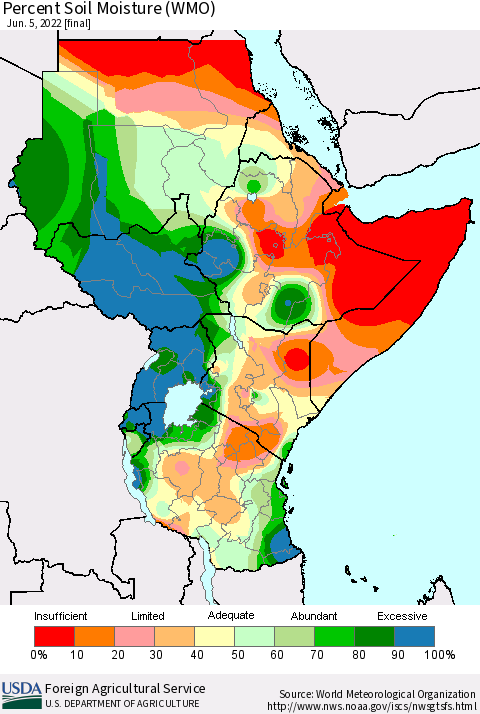 Eastern Africa Percent Soil Moisture (WMO) Thematic Map For 5/30/2022 - 6/5/2022