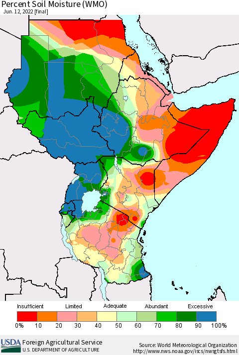 Eastern Africa Percent Soil Moisture (WMO) Thematic Map For 6/6/2022 - 6/12/2022