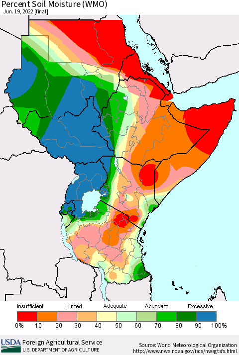 Eastern Africa Percent Soil Moisture (WMO) Thematic Map For 6/13/2022 - 6/19/2022