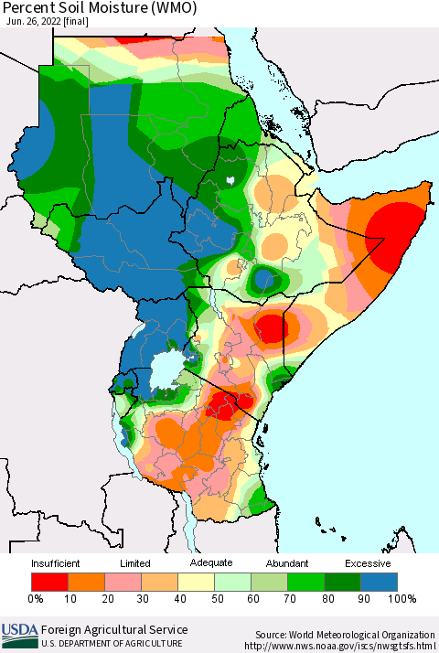 Eastern Africa Percent Soil Moisture (WMO) Thematic Map For 6/20/2022 - 6/26/2022
