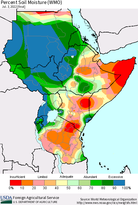 Eastern Africa Percent Soil Moisture (WMO) Thematic Map For 6/27/2022 - 7/3/2022