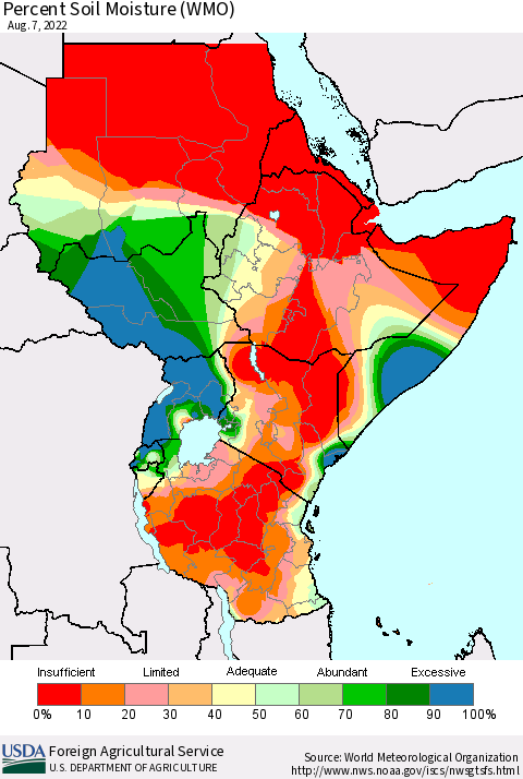 Eastern Africa Percent Soil Moisture (WMO) Thematic Map For 8/1/2022 - 8/7/2022