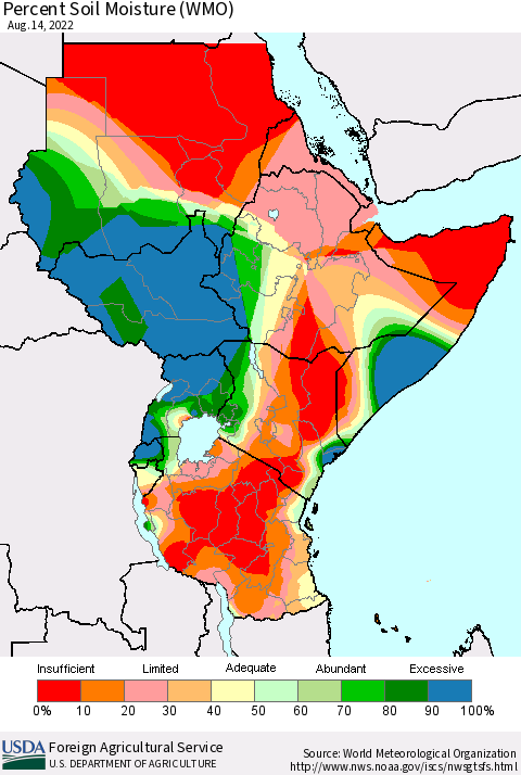 Eastern Africa Percent Soil Moisture (WMO) Thematic Map For 8/8/2022 - 8/14/2022