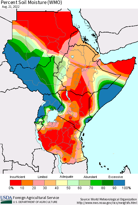 Eastern Africa Percent Soil Moisture (WMO) Thematic Map For 8/15/2022 - 8/21/2022