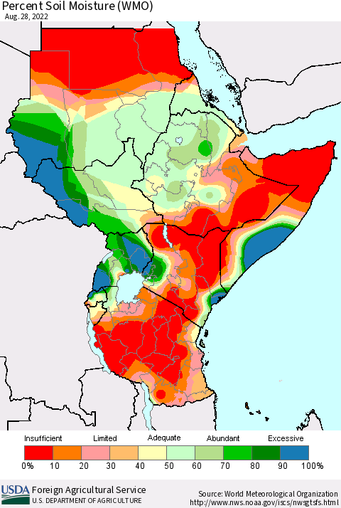 Eastern Africa Percent Soil Moisture (WMO) Thematic Map For 8/22/2022 - 8/28/2022