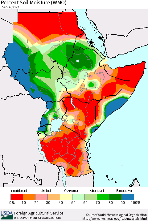 Eastern Africa Percent Soil Moisture (WMO) Thematic Map For 8/29/2022 - 9/4/2022