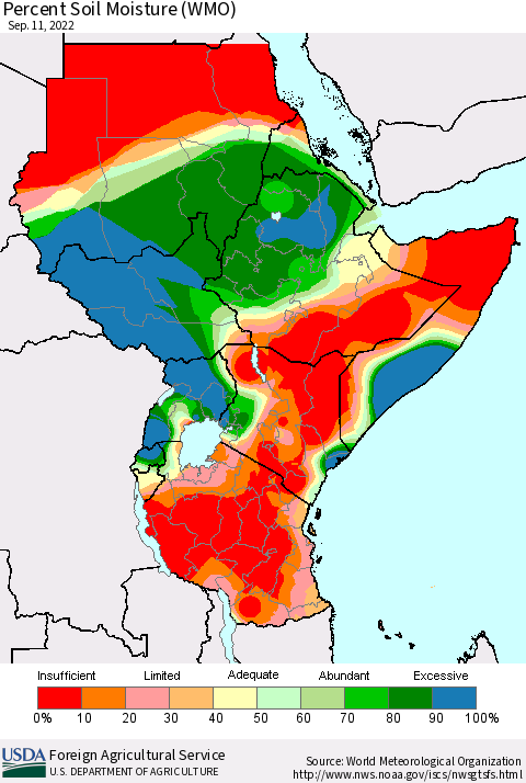 Eastern Africa Percent Soil Moisture (WMO) Thematic Map For 9/5/2022 - 9/11/2022