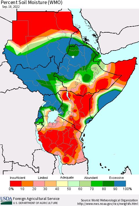 Eastern Africa Percent Soil Moisture (WMO) Thematic Map For 9/12/2022 - 9/18/2022