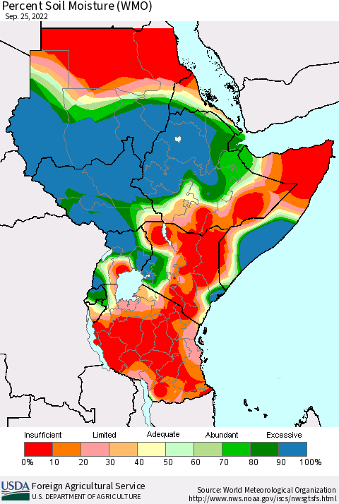 Eastern Africa Percent Soil Moisture (WMO) Thematic Map For 9/19/2022 - 9/25/2022