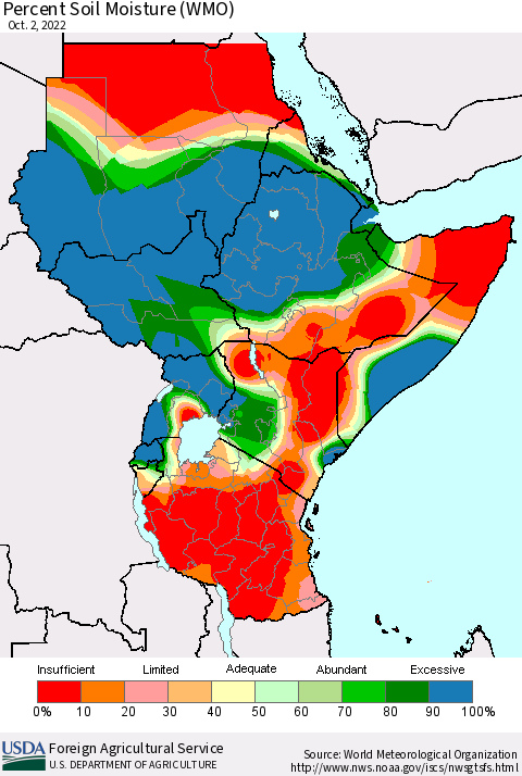 Eastern Africa Percent Soil Moisture (WMO) Thematic Map For 9/26/2022 - 10/2/2022