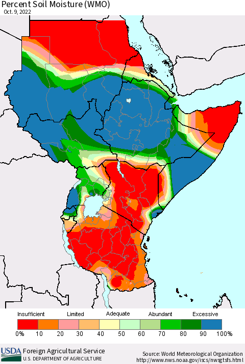 Eastern Africa Percent Soil Moisture (WMO) Thematic Map For 10/3/2022 - 10/9/2022