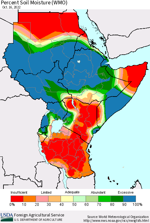 Eastern Africa Percent Soil Moisture (WMO) Thematic Map For 10/10/2022 - 10/16/2022