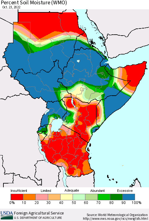 Eastern Africa Percent Soil Moisture (WMO) Thematic Map For 10/17/2022 - 10/23/2022