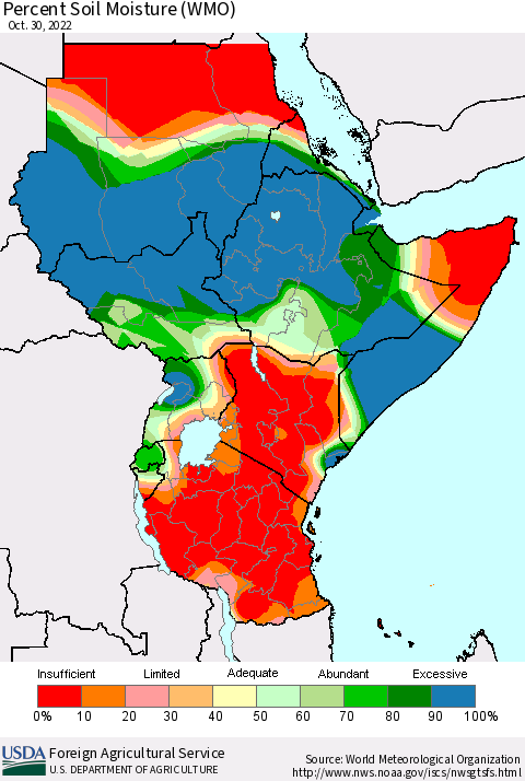 Eastern Africa Percent Soil Moisture (WMO) Thematic Map For 10/24/2022 - 10/30/2022