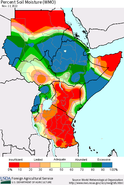Eastern Africa Percent Soil Moisture (WMO) Thematic Map For 11/7/2022 - 11/13/2022