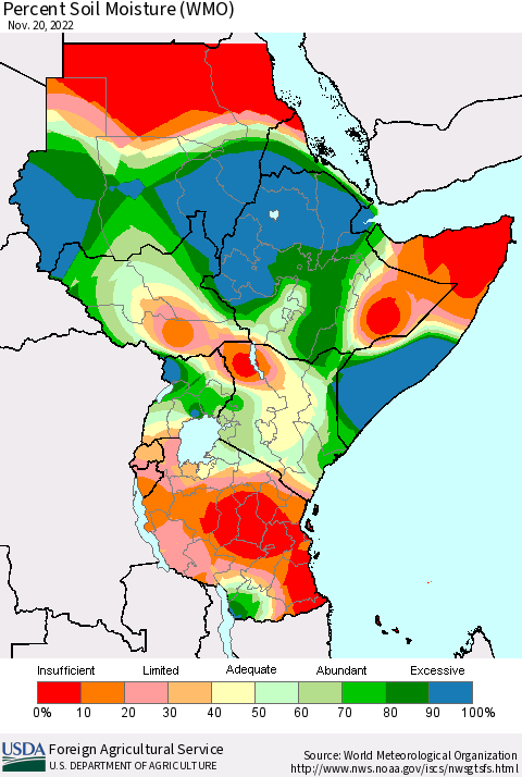 Eastern Africa Percent Soil Moisture (WMO) Thematic Map For 11/14/2022 - 11/20/2022