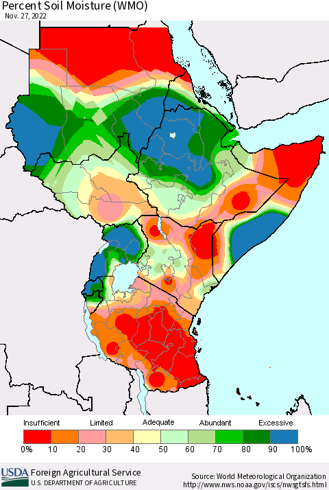 Eastern Africa Percent Soil Moisture (WMO) Thematic Map For 11/21/2022 - 11/27/2022