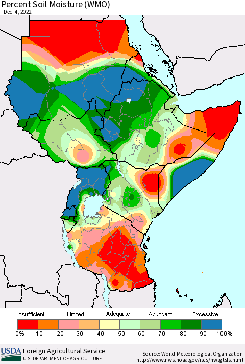 Eastern Africa Percent Soil Moisture (WMO) Thematic Map For 11/28/2022 - 12/4/2022