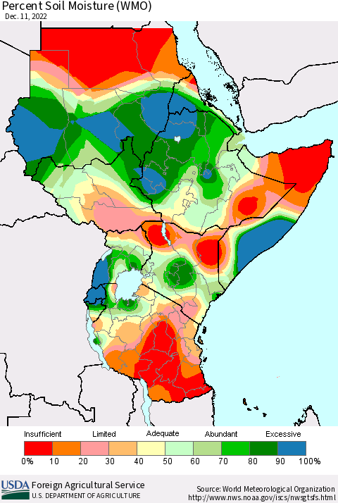 Eastern Africa Percent Soil Moisture (WMO) Thematic Map For 12/5/2022 - 12/11/2022