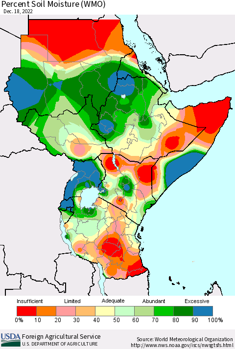 Eastern Africa Percent Soil Moisture (WMO) Thematic Map For 12/12/2022 - 12/18/2022