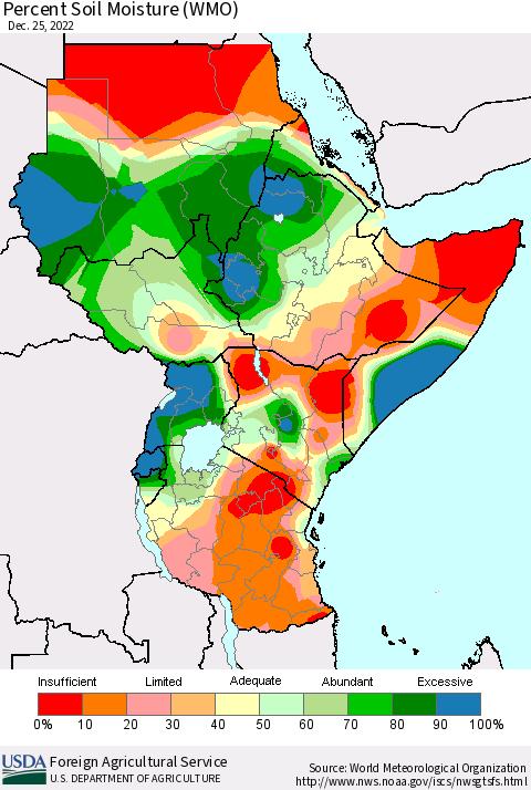 Eastern Africa Percent Soil Moisture (WMO) Thematic Map For 12/19/2022 - 12/25/2022