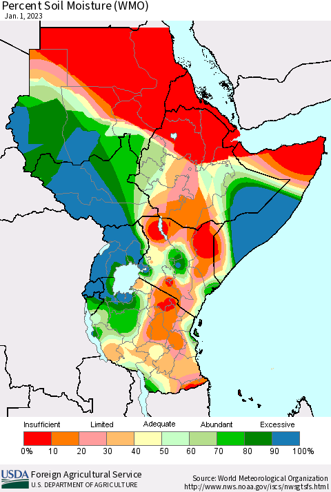 Eastern Africa Percent Soil Moisture (WMO) Thematic Map For 12/26/2022 - 1/1/2023