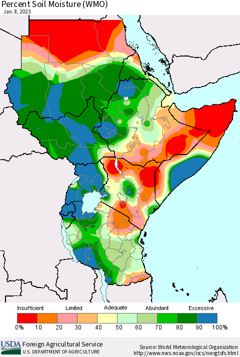 Eastern Africa Percent Soil Moisture (WMO) Thematic Map For 1/2/2023 - 1/8/2023