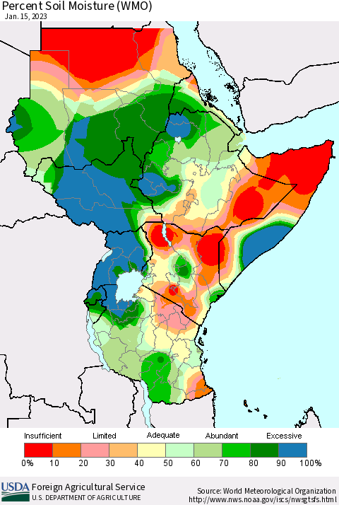 Eastern Africa Percent Soil Moisture (WMO) Thematic Map For 1/9/2023 - 1/15/2023