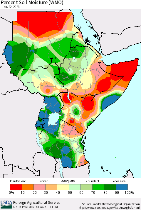 Eastern Africa Percent Soil Moisture (WMO) Thematic Map For 1/16/2023 - 1/22/2023