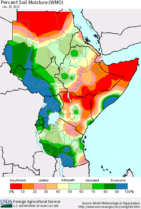 Eastern Africa Percent Soil Moisture (WMO) Thematic Map For 1/23/2023 - 1/29/2023