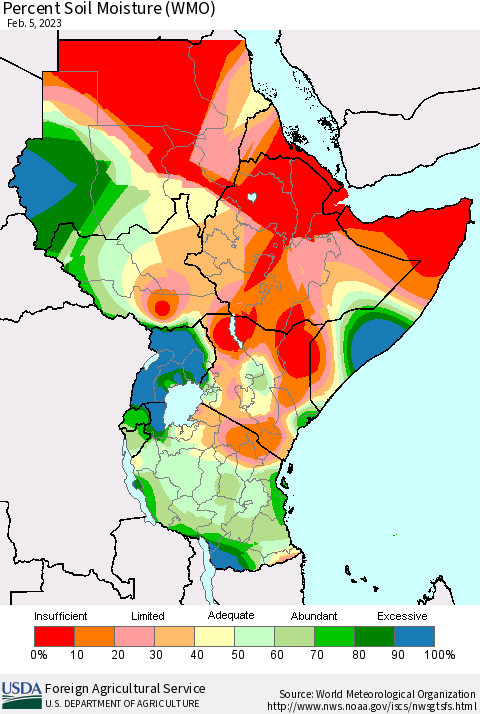 Eastern Africa Percent Soil Moisture (WMO) Thematic Map For 1/30/2023 - 2/5/2023