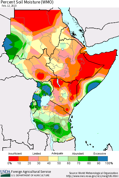 Eastern Africa Percent Soil Moisture (WMO) Thematic Map For 2/6/2023 - 2/12/2023