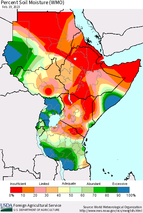 Eastern Africa Percent Soil Moisture (WMO) Thematic Map For 2/13/2023 - 2/19/2023