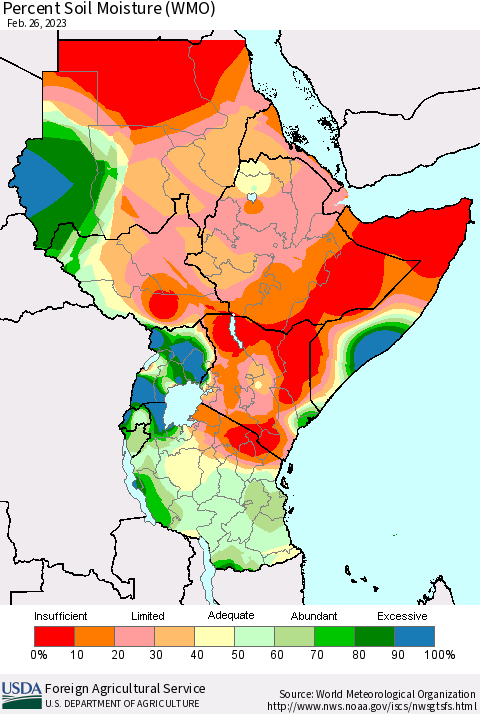 Eastern Africa Percent Soil Moisture (WMO) Thematic Map For 2/20/2023 - 2/26/2023