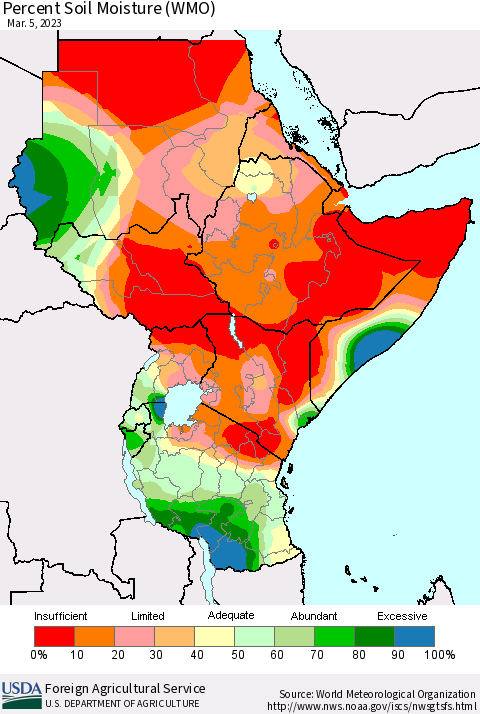 Eastern Africa Percent Soil Moisture (WMO) Thematic Map For 2/27/2023 - 3/5/2023