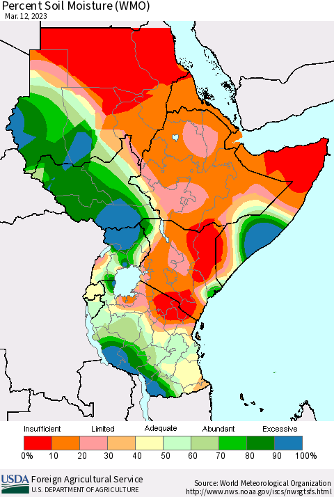 Eastern Africa Percent Soil Moisture (WMO) Thematic Map For 3/6/2023 - 3/12/2023