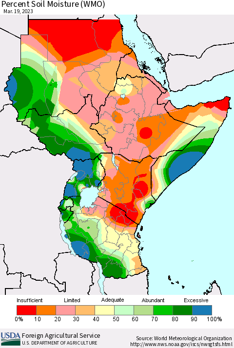 Eastern Africa Percent Soil Moisture (WMO) Thematic Map For 3/13/2023 - 3/19/2023