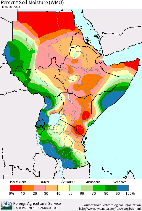 Eastern Africa Percent Soil Moisture (WMO) Thematic Map For 3/20/2023 - 3/26/2023