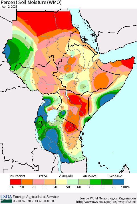 Eastern Africa Percent Soil Moisture (WMO) Thematic Map For 3/27/2023 - 4/2/2023