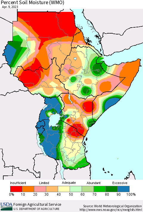Eastern Africa Percent Soil Moisture (WMO) Thematic Map For 4/3/2023 - 4/9/2023