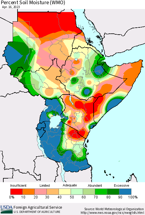 Eastern Africa Percent Soil Moisture (WMO) Thematic Map For 4/10/2023 - 4/16/2023