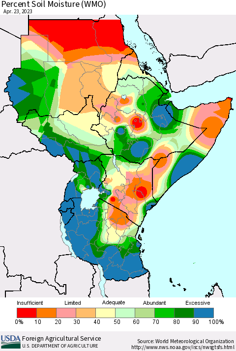 Eastern Africa Percent Soil Moisture (WMO) Thematic Map For 4/17/2023 - 4/23/2023
