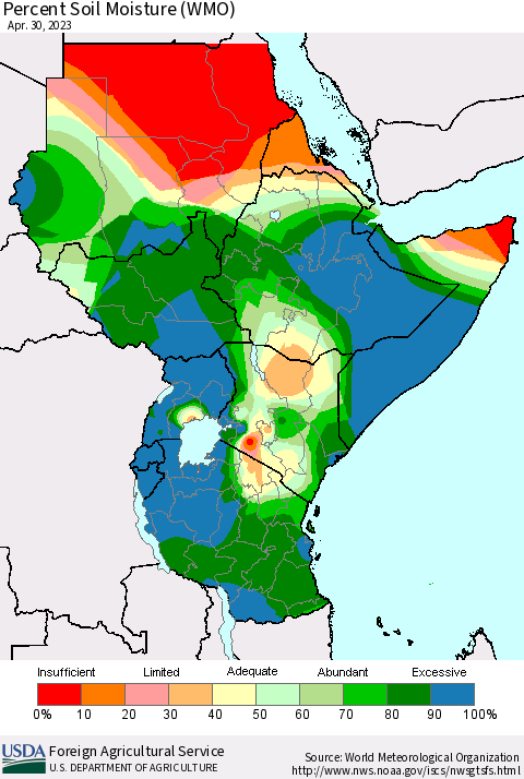 Eastern Africa Percent Soil Moisture (WMO) Thematic Map For 4/24/2023 - 4/30/2023