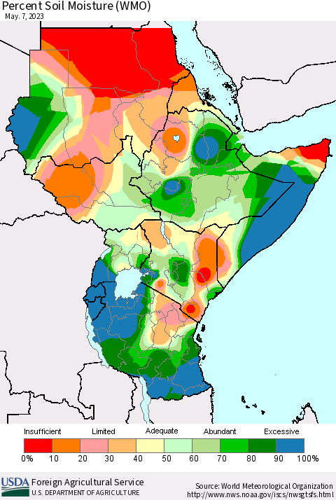 Eastern Africa Percent Soil Moisture (WMO) Thematic Map For 5/1/2023 - 5/7/2023