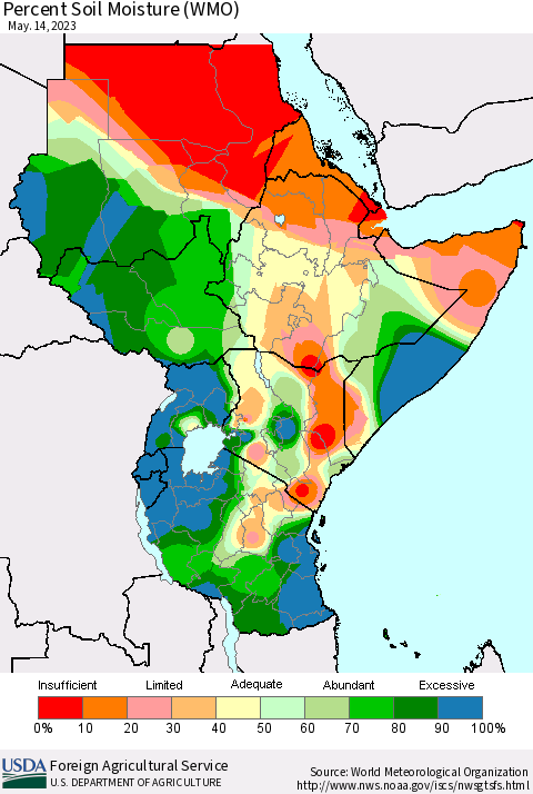 Eastern Africa Percent Soil Moisture (WMO) Thematic Map For 5/8/2023 - 5/14/2023
