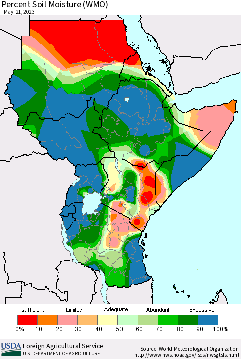 Eastern Africa Percent Soil Moisture (WMO) Thematic Map For 5/15/2023 - 5/21/2023