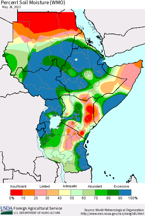Eastern Africa Percent Soil Moisture (WMO) Thematic Map For 5/22/2023 - 5/28/2023